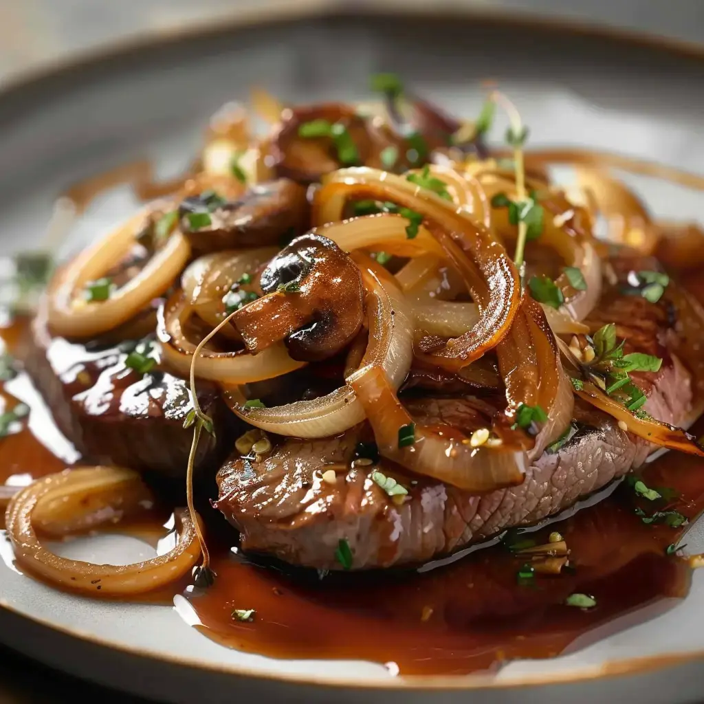 Ein Teller mit saftigem Steak, garniert mit karamellisierten Zwiebeln und Pilzen, alles mit einer glänzenden Sauce überzogen.