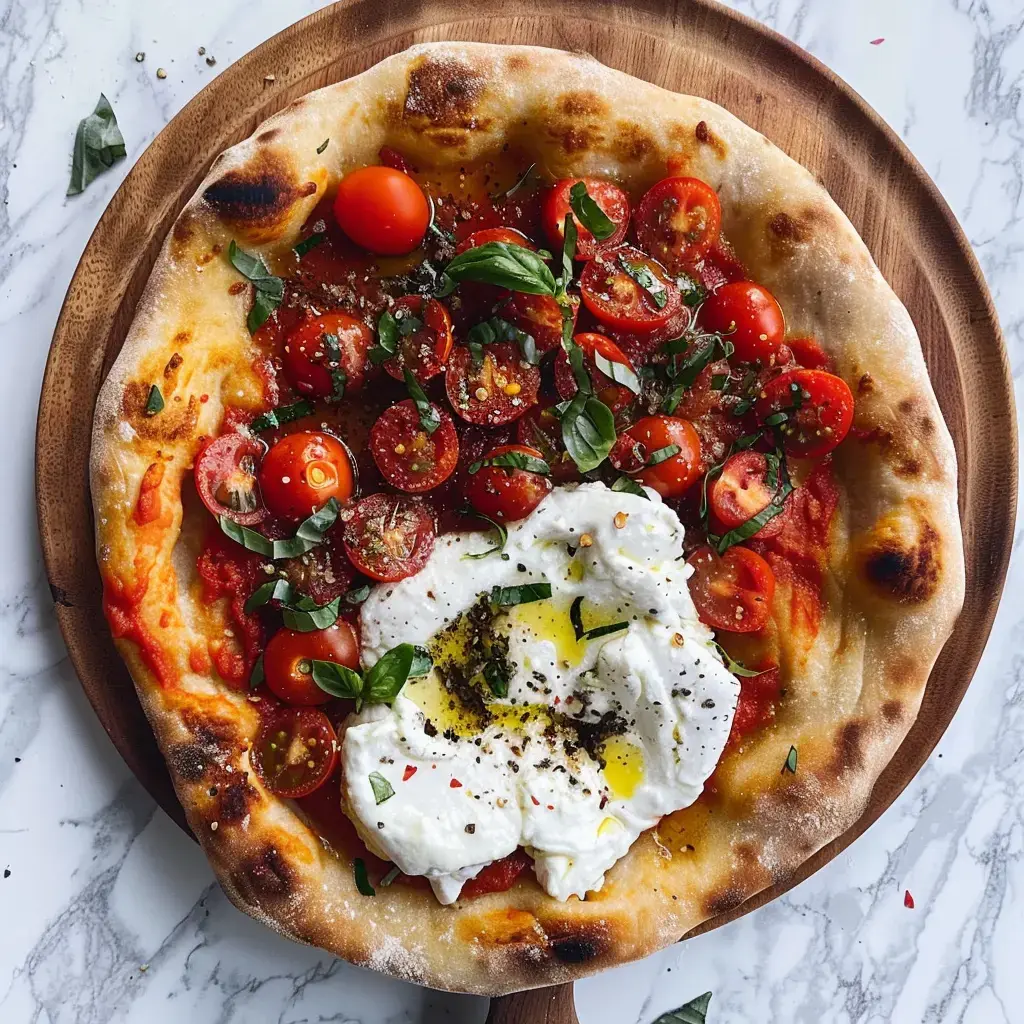 Pizza mit Kirschtomaten, frischem Basilikum und Burrata, serviert auf einem Holzbrett.