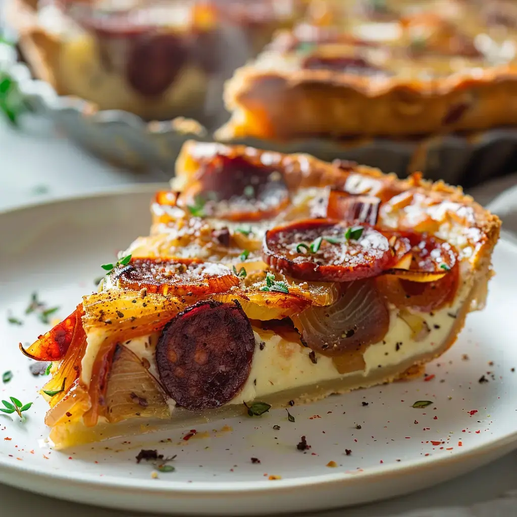 Ein Stück Tarte mit Chorizo, Zwiebeln und Kräutern, angerichtet auf einem Teller.