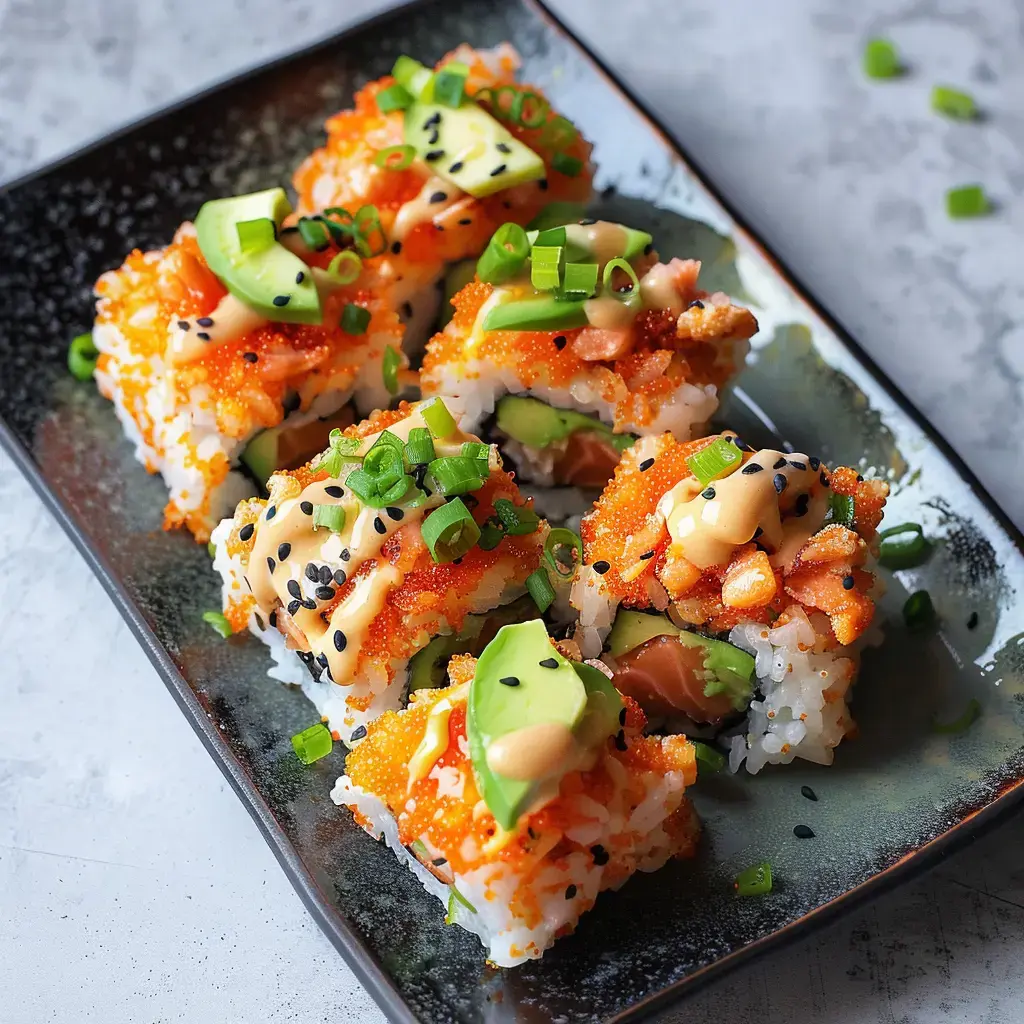 Bunte Sushi-Platte mit Avocado, Fisch, Sauce und Körnern auf schwarzem Hintergrund.