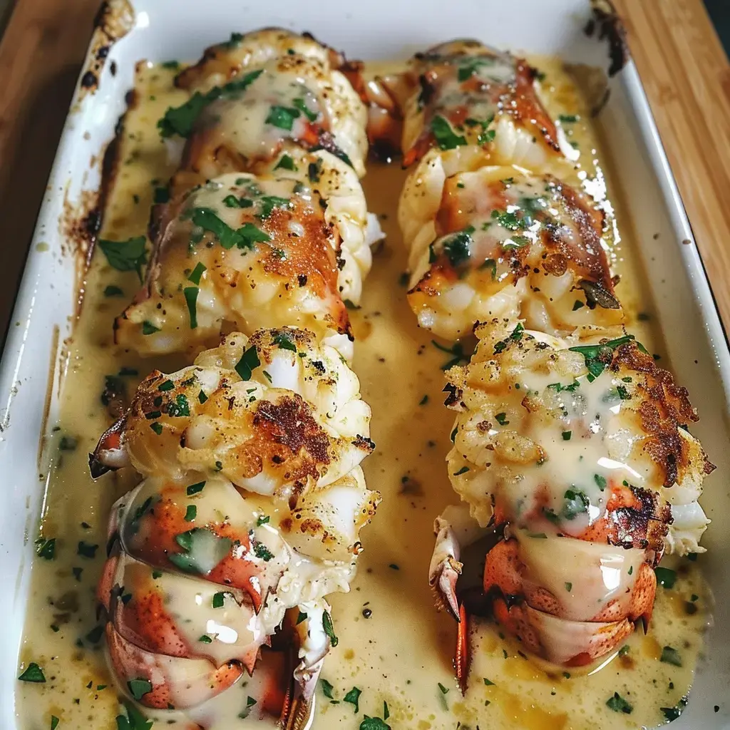 Teller mit gratinierten Hummerschwänzen in cremiger Sauce und frischen Kräutern.