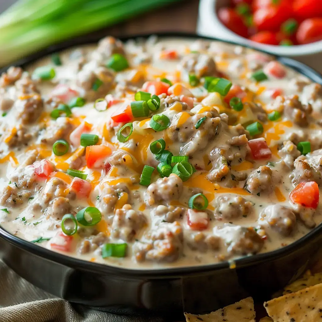 Eine Schüssel cremige Soße mit Hackfleisch, Tomaten, Frühlingszwiebeln und Käse, serviert mit Chips.
