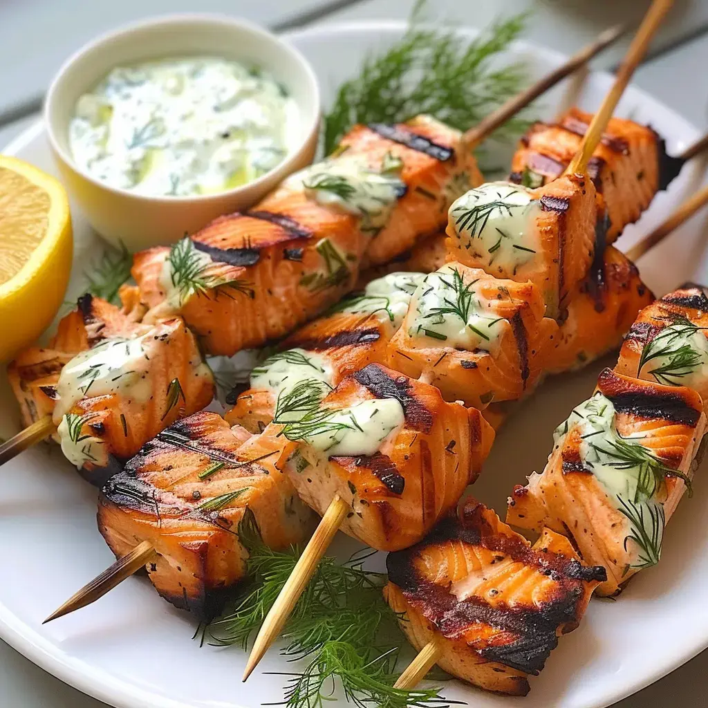 Gegrillte Lachsspieße mit Dill-Soße, serviert mit einer Zitronenspalte und einer Schüssel Soße.