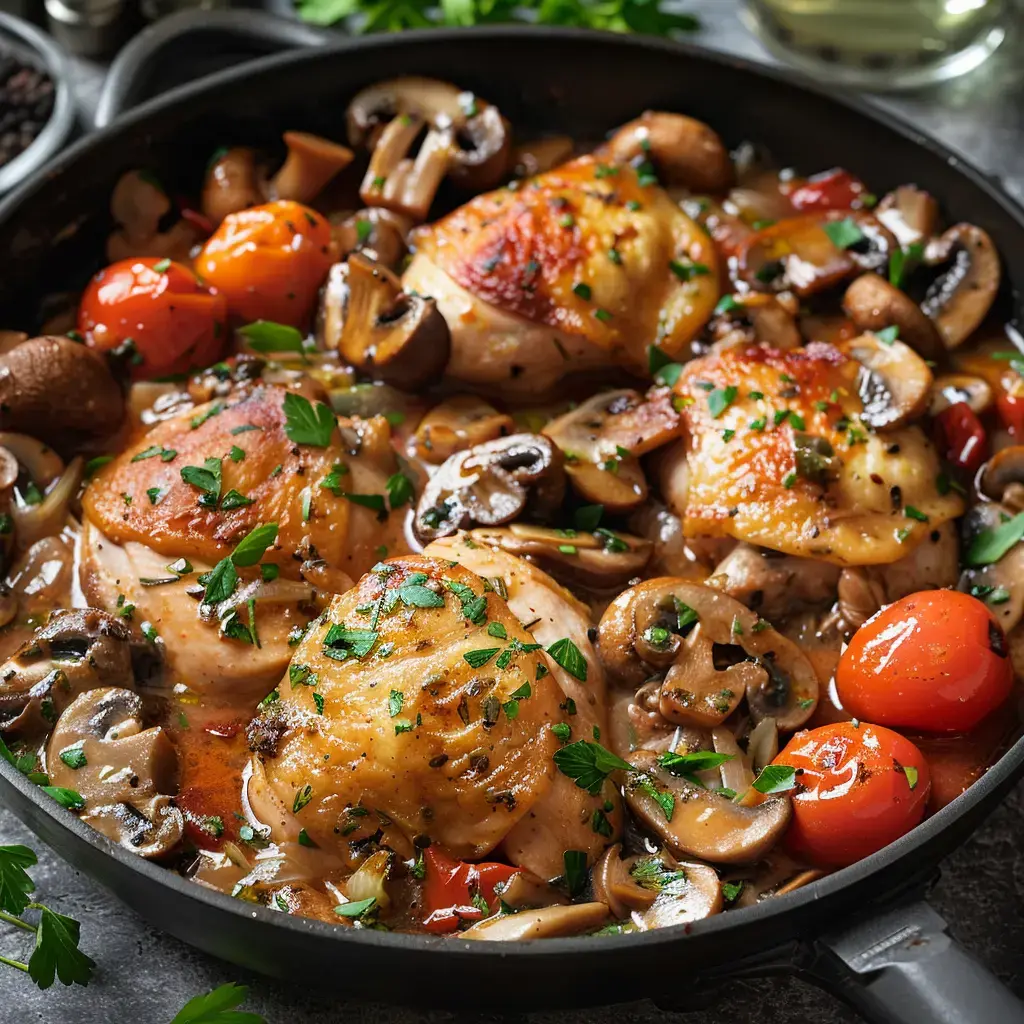 Ein Teller mit gebratenem Hähnchen, Pilzen und Kirschtomaten, garniert mit frischer Petersilie, in einer Pfanne.