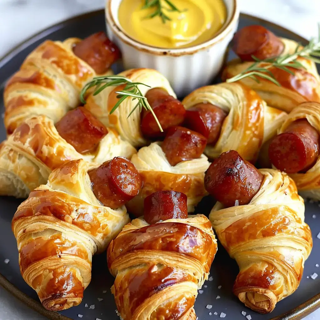 Knusprige Teigröllchen mit Würstchen, daneben ein kleines Schälchen mit Senf.