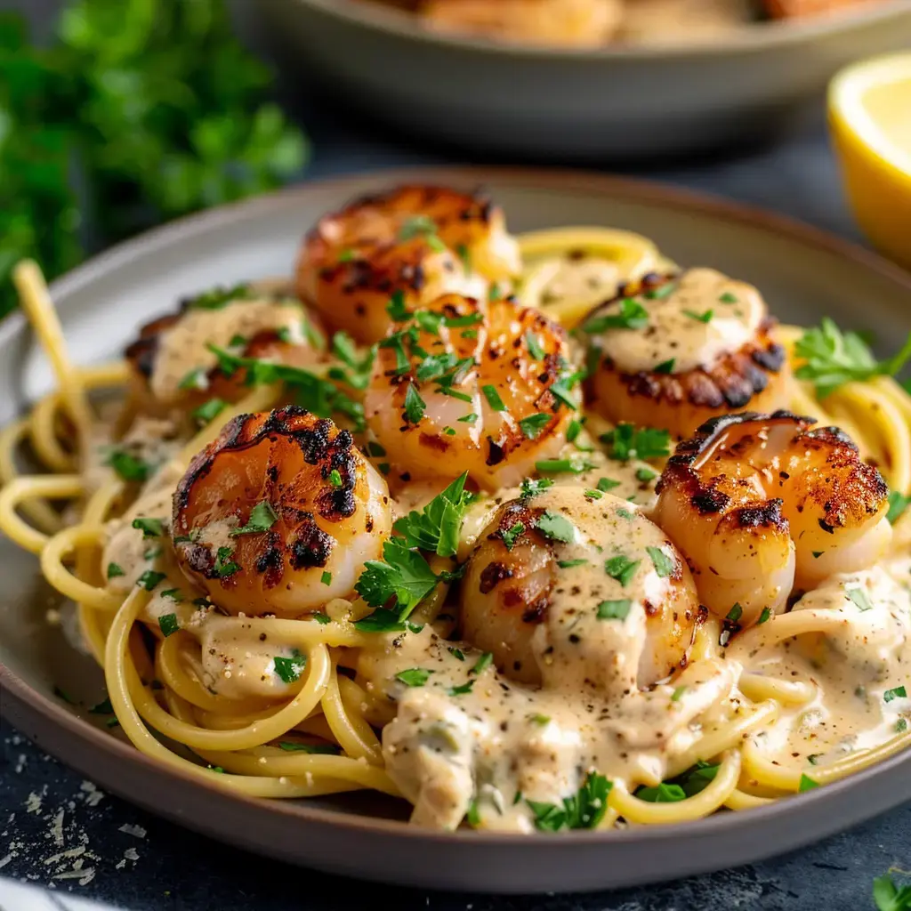 Ein Teller Nudeln mit gegrillten Jakobsmuscheln, in cremiger Sauce und mit frischer Petersilie bestreut.