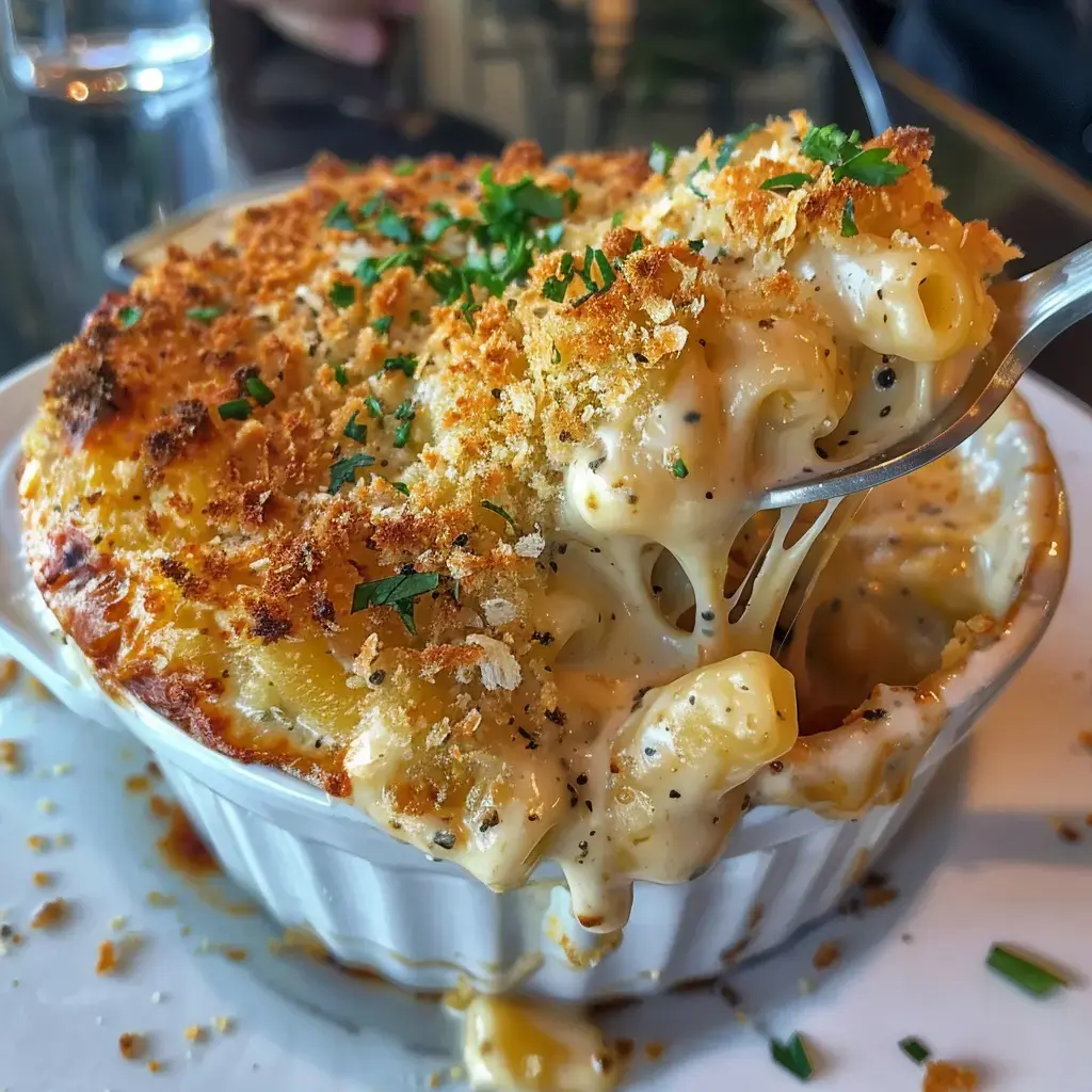Ein cremiger Makkaroni-Käse-Auflauf mit goldbrauner Kruste und frischer Petersilie garniert.