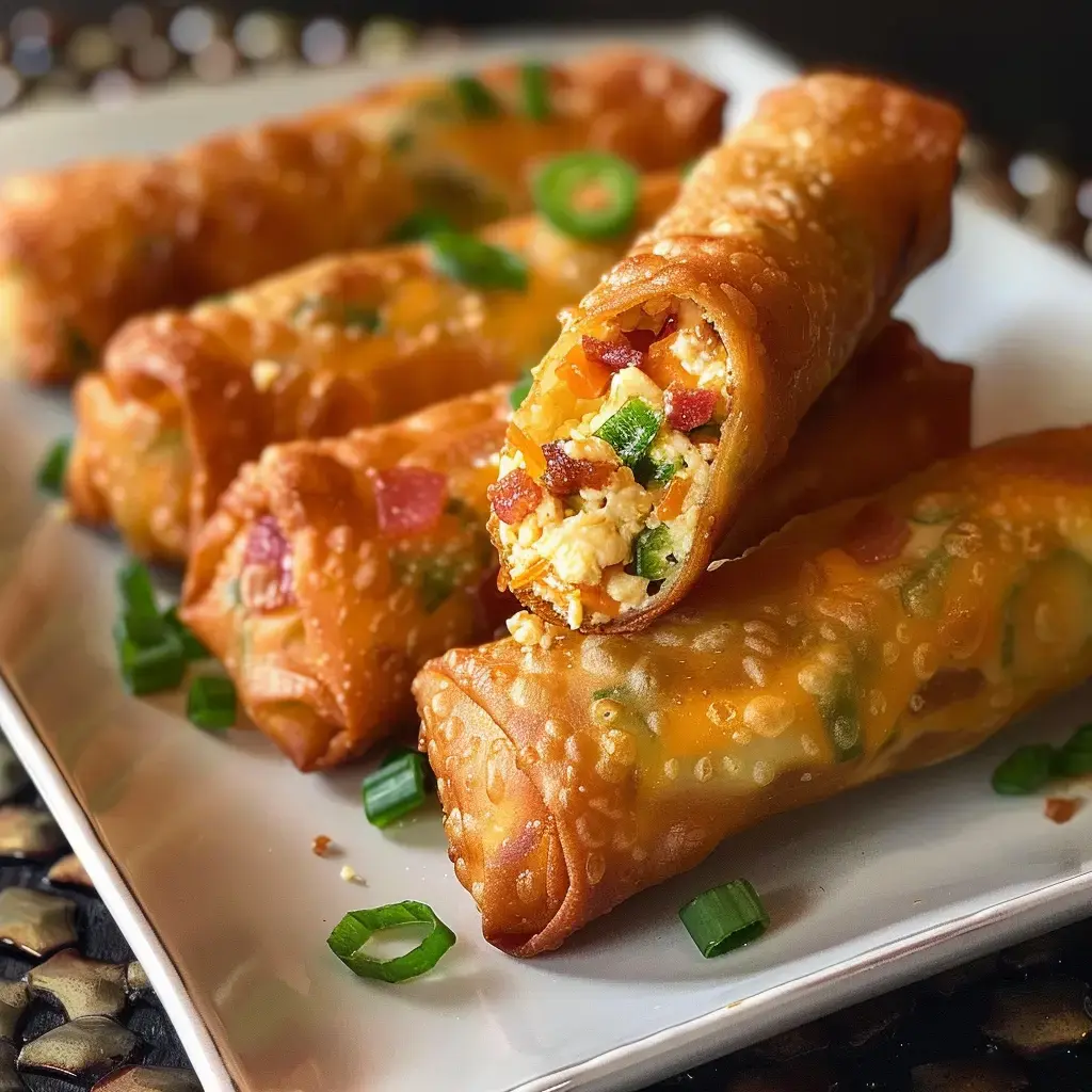 Frittierte Röllchen garniert mit Käse, Frühlingszwiebeln und Speck auf einem Teller.