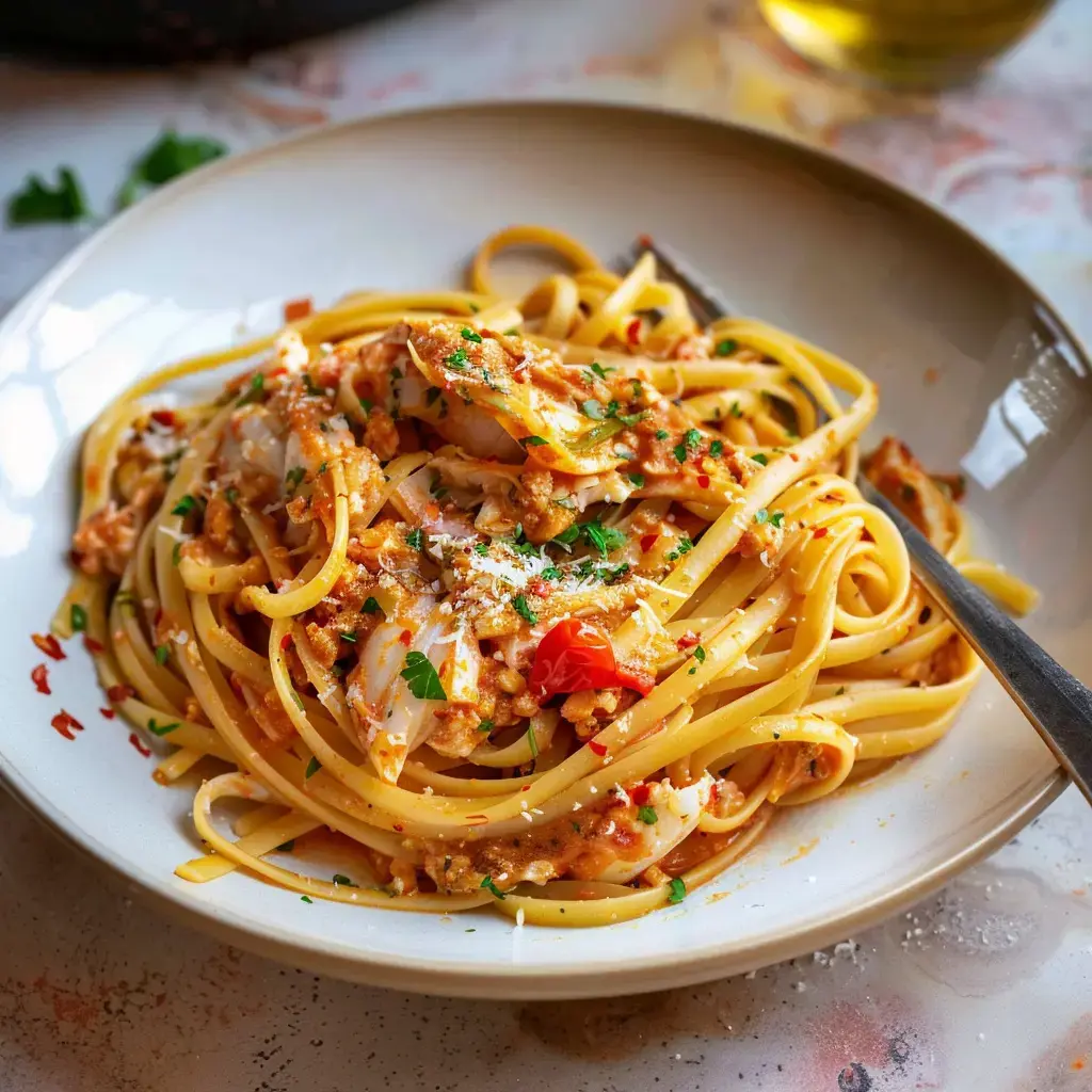 Ein Teller Linguine mit Tomatensoße, Fleisch, geriebenem Käse und Petersilie garniert.