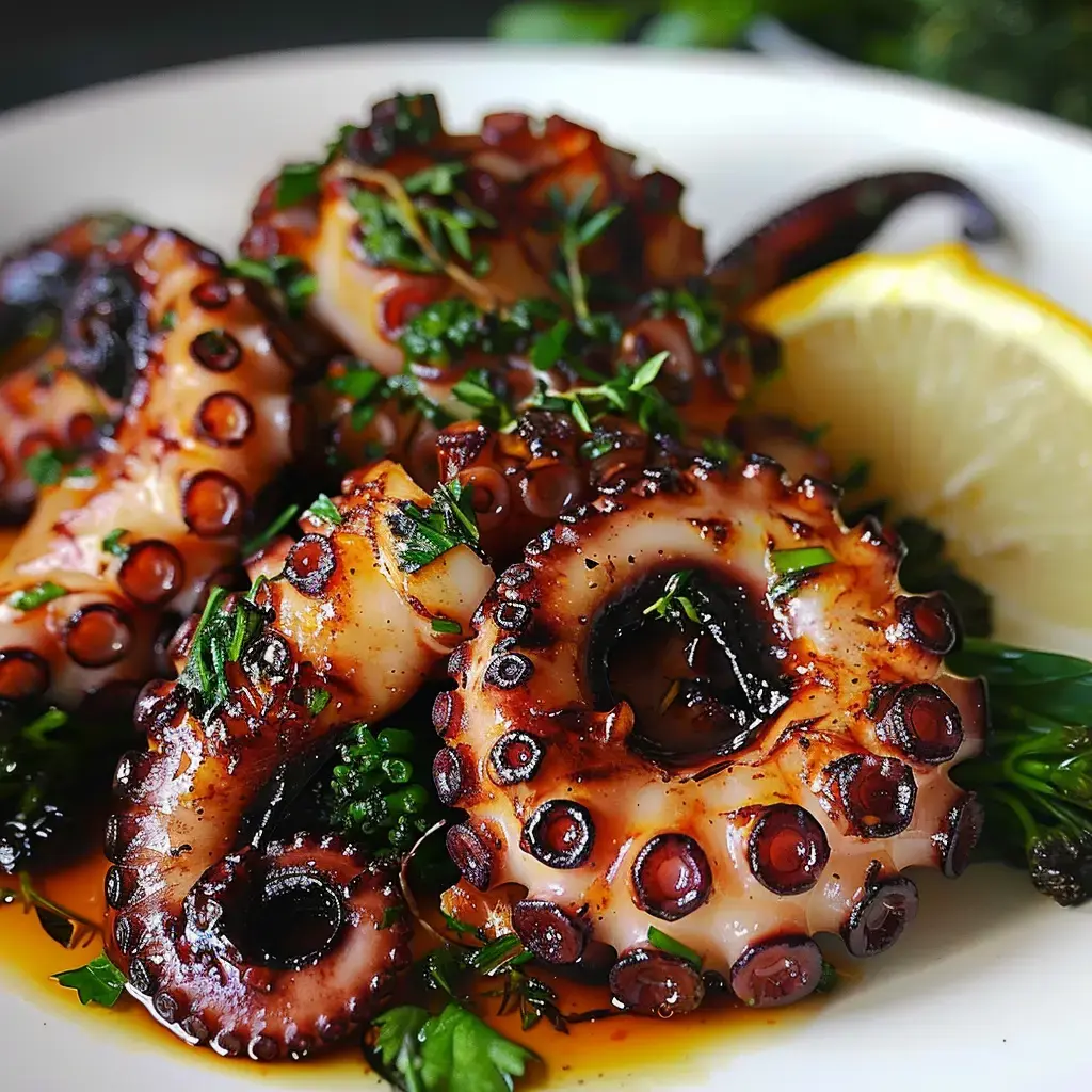 Gegrillte Oktopus-Tentakel mit feinen Kräutern garniert und einer Zitronenspalte daneben.