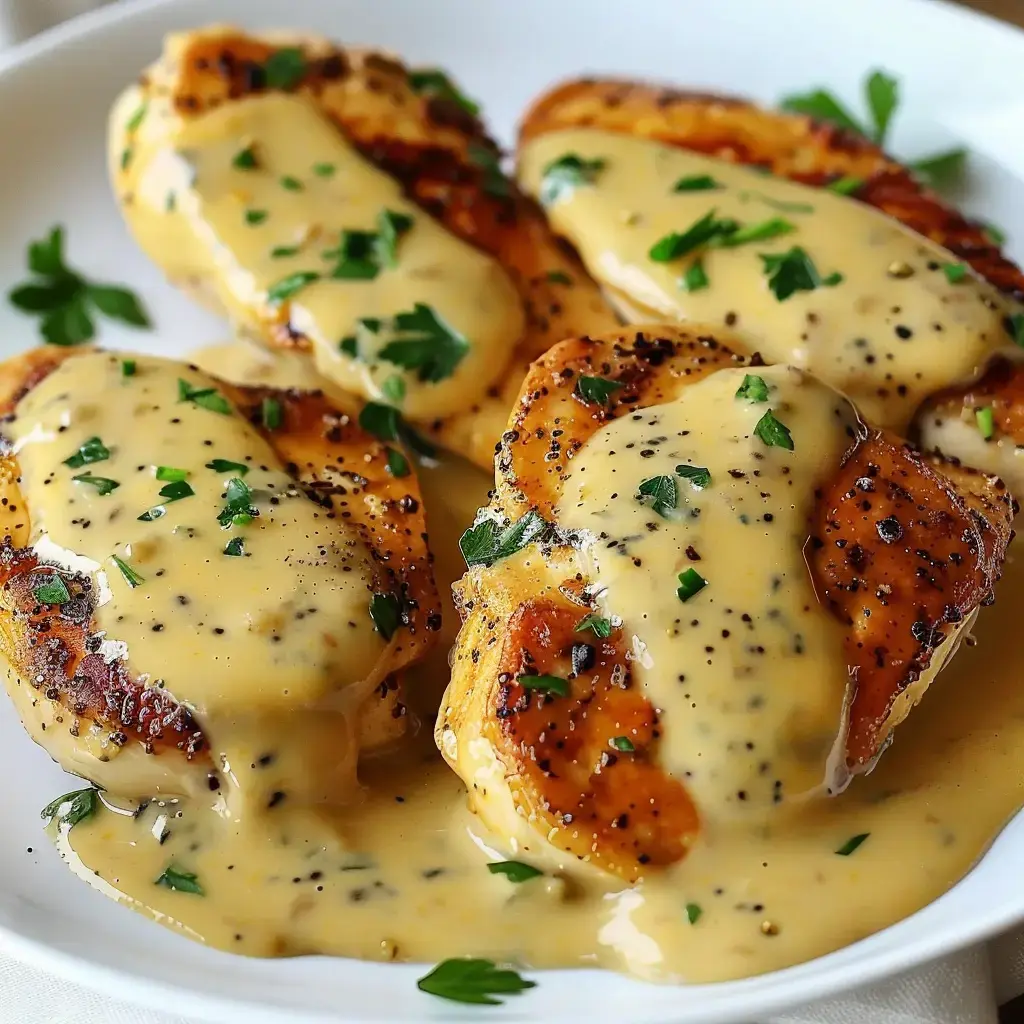 Gegrillte Hähnchenfilets mit cremiger Soße, garniert mit Petersilie und Pfeffer, auf einem Teller serviert.