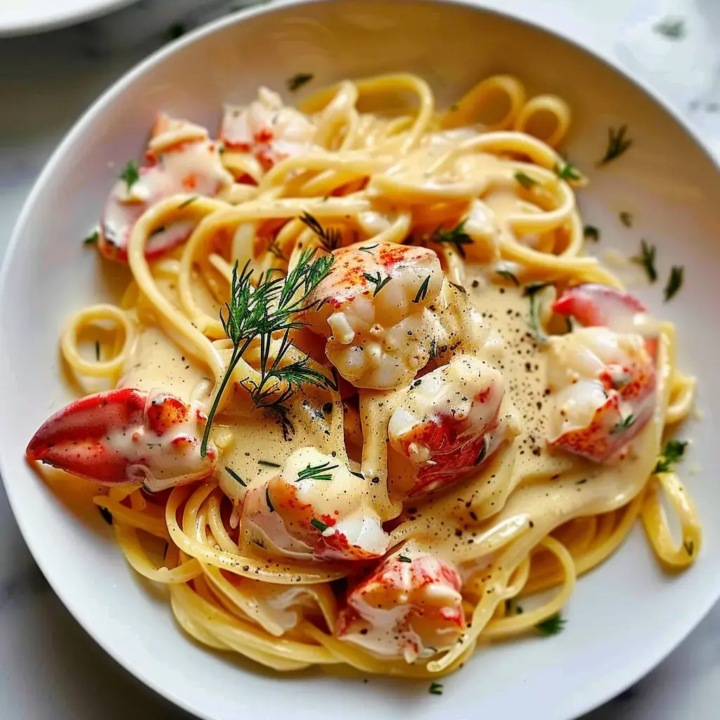 Linguine mit cremiger Soße und Hummerstücken, garniert mit frischem Dill.