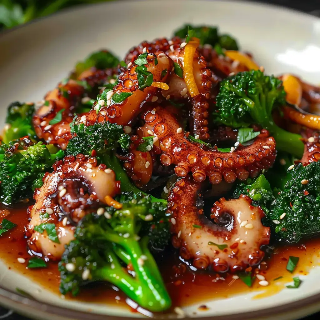 Ein kulinarisches Gericht aus gebratenem Oktopus mit Brokkoli, Sauce und Sesam garniert.