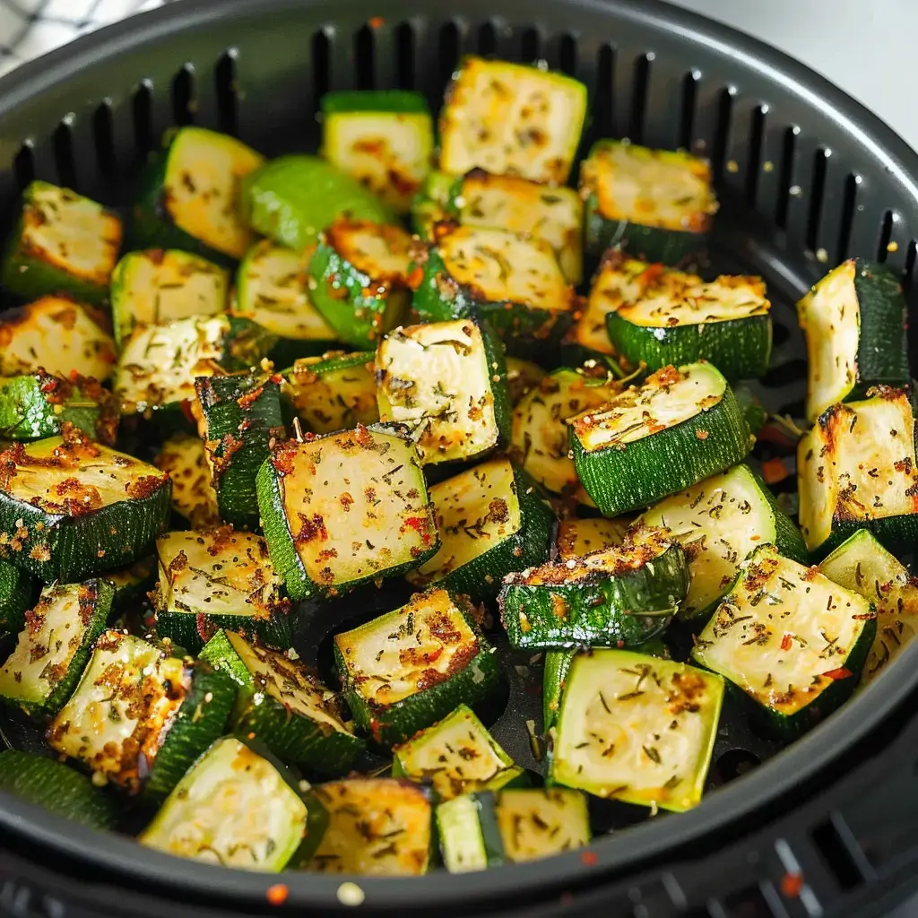 Goldbraun gebratene, gewürzte Zucchinistücke im Garkorb einer Heißluftfritteuse.