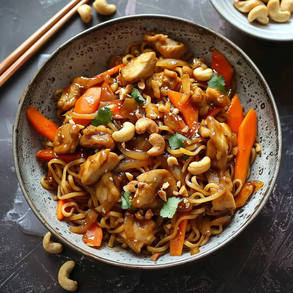 Eine Schüssel mit gebratenen Nudeln, Hähnchen und Gemüse, garniert mit Erdnüssen und Koriander.