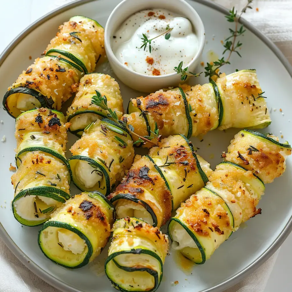 Panierte und goldbraun gebackene Zucchini-Röllchen, serviert mit heller Sauce und Thymian garniert.