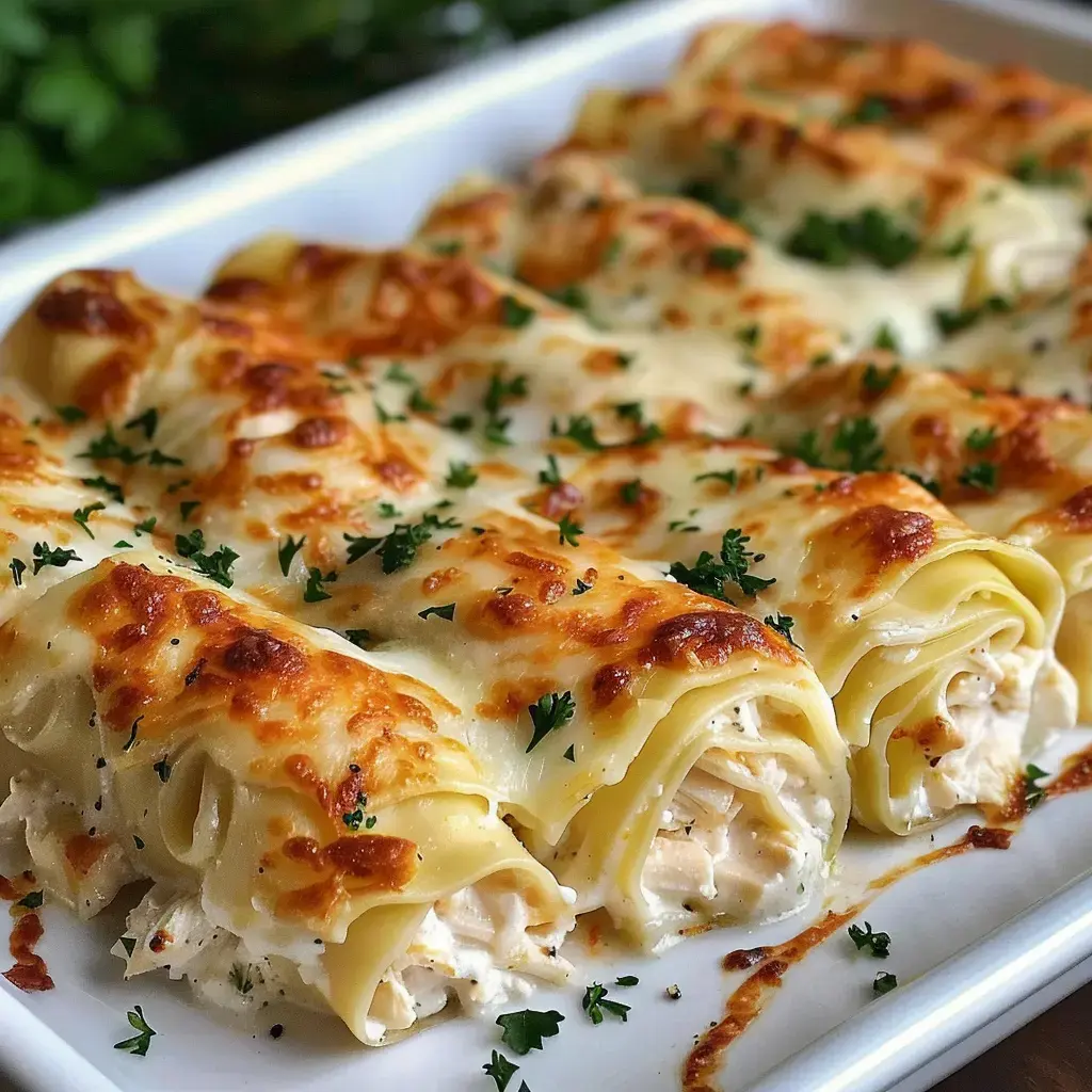 Hähnchen-Lasagne, mit gratiniertem Käse bedeckt und mit Petersilie garniert, auf einem weißen Teller serviert.