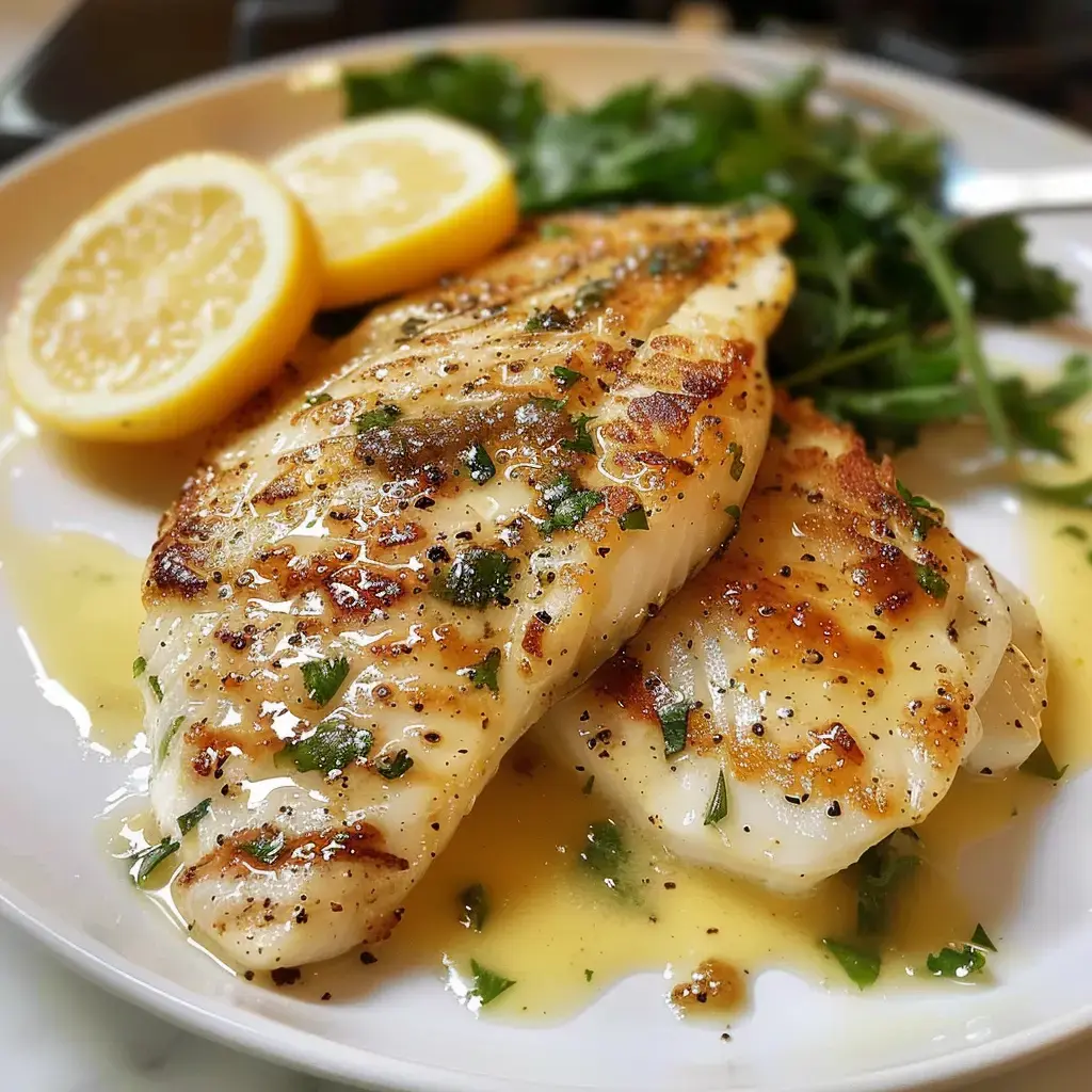 Zwei gebratene Fischfilets, mit Soße beträufelt und mit Zitronenscheiben und Salat garniert.