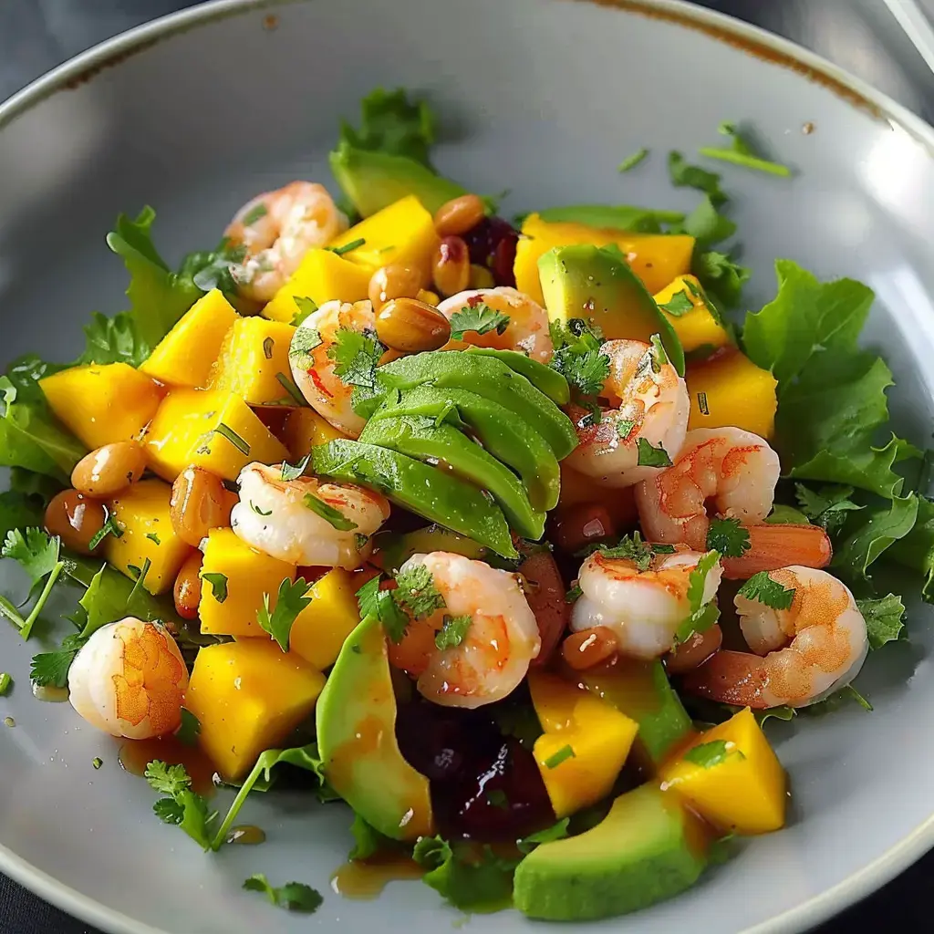 Ein bunter Salat mit Garnelen, Mango, Avocado, Nüssen und Koriander auf Kopfsalatblättern.