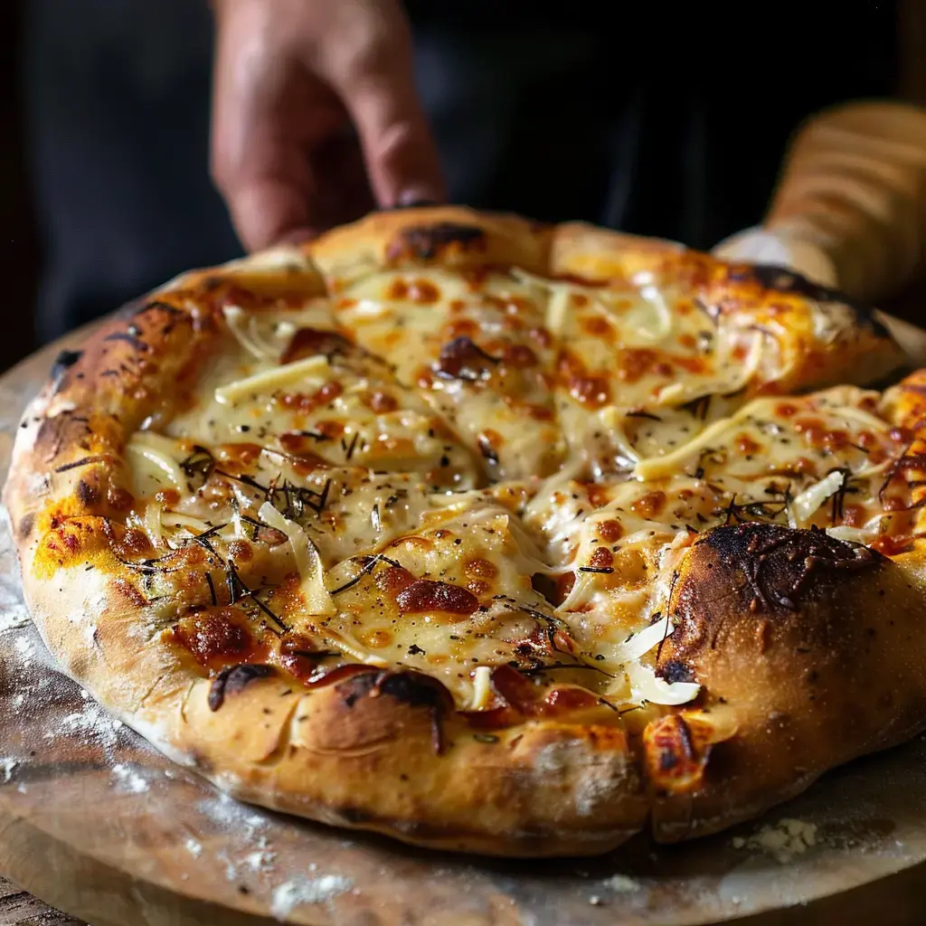 Eine frisch gebackene Pizza mit geschmolzenem Käse und Fleischwurst wird auf einem Holzbrett serviert.