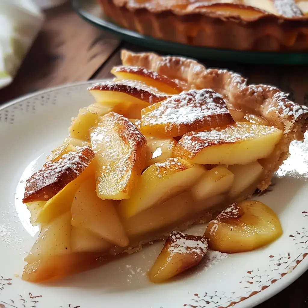 Ein Stück Apfel-Pudding-Kuchen mit fein geschichteten Apfelscheiben und Puderzucker auf einem Teller serviert.