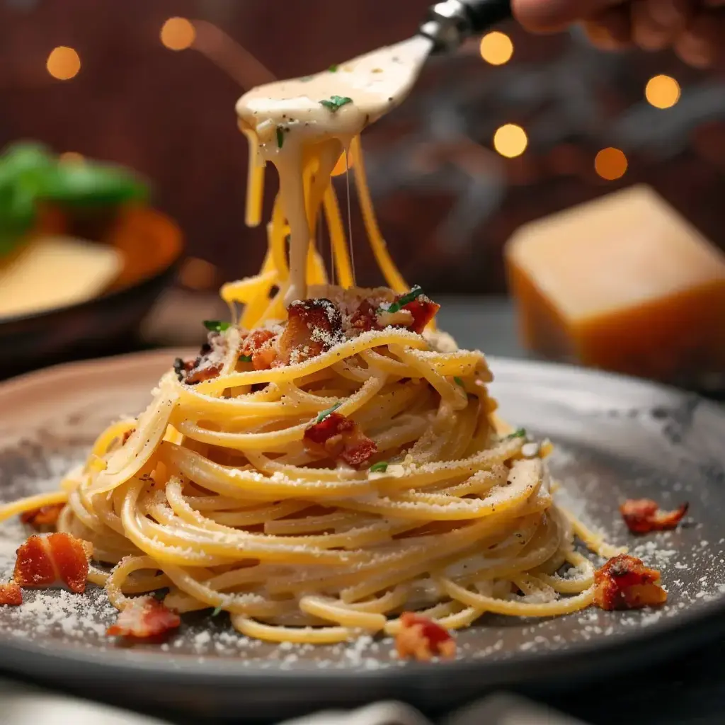 Pasta mit cremigem Käse und knusprigen Speckstückchen, serviert auf einem Teller mit einer Gabel daneben.