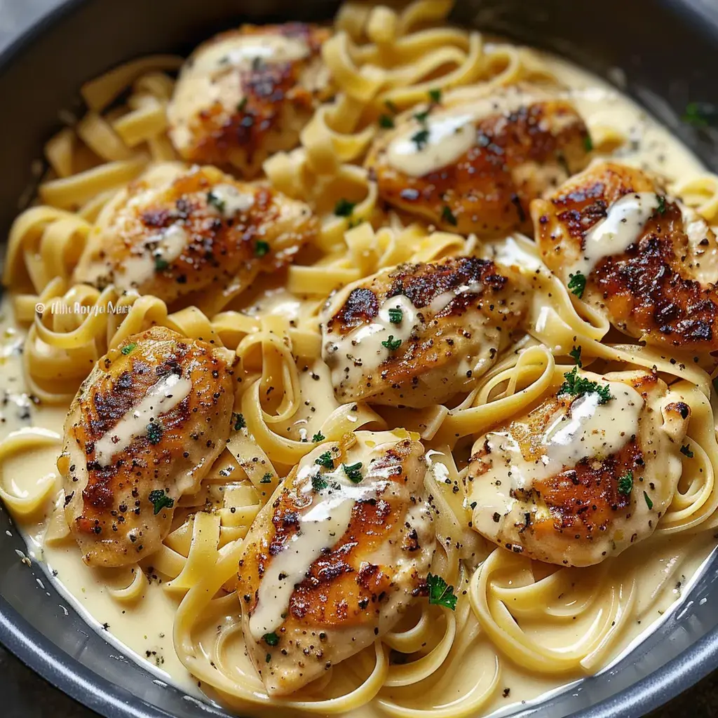 Ein Teller mit Nudeln, gegrilltem Hähnchen und cremiger Sauce, garniert mit frischer Petersilie.