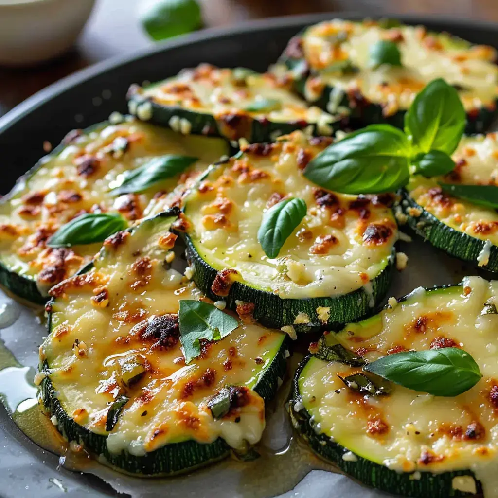 Überbackene Zucchini-Schiffe mit geschmolzenem Käse und frischem Basilikum auf einem Teller angerichtet