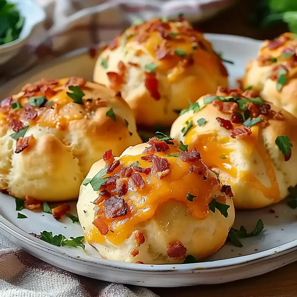 Frisch gebackene, goldbraune Brötchen gefüllt mit Gouda und Speck, garniert mit Petersilie, appetitlich angerichtet.