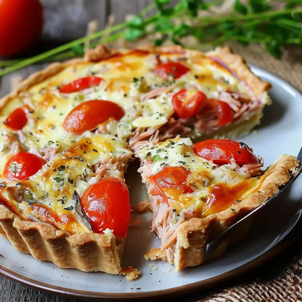 Eine goldbraun gebackene Thunfisch-Tomaten-Quiche auf einem Teller serviert.