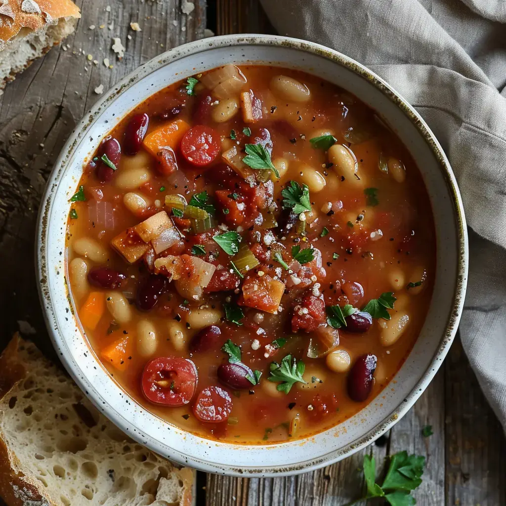 Eine Schale Bohnensuppe mit Petersilie garniert, Gemüse- und Fleischstücken, serviert mit Brot auf einem Holztisch.