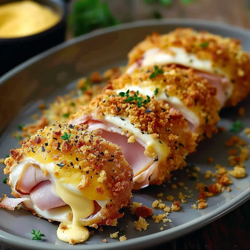 Knusprig panierte Hähnchen-Cordon-Bleu mit herauslaufendem Käse auf einem grauen Teller serviert.