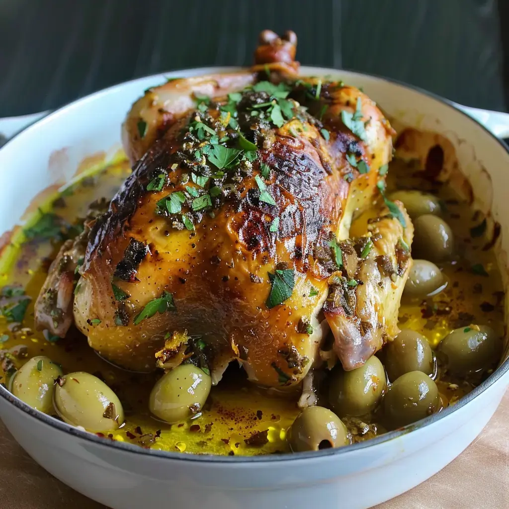 Ein goldbraunes Brathähnchen, garniert mit Koriander, serviert mit grünen Oliven in einer Olivenölsauce.