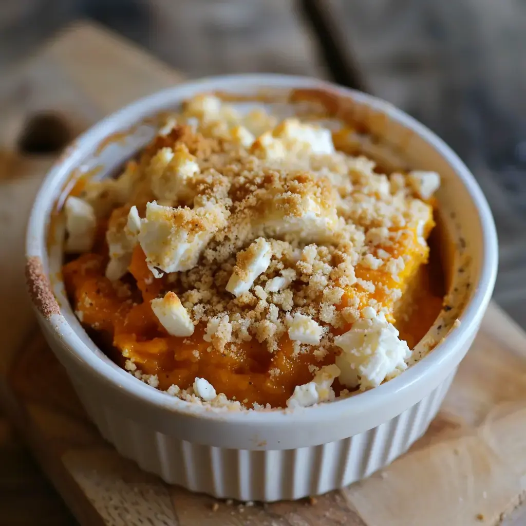 Kürbis-Ziegenkäse-Auflauf mit knuspriger Crumble-Kruste in weißer Auflaufform serviert