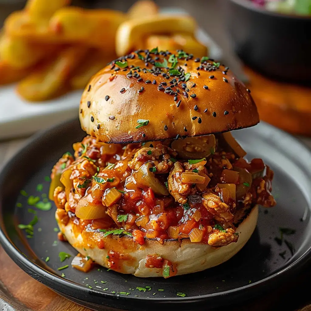 Ein Burger gefüllt mit Hackfleisch in Tomatensoße mit Zwiebeln und Paprika, dazu Pommes im Hintergrund.