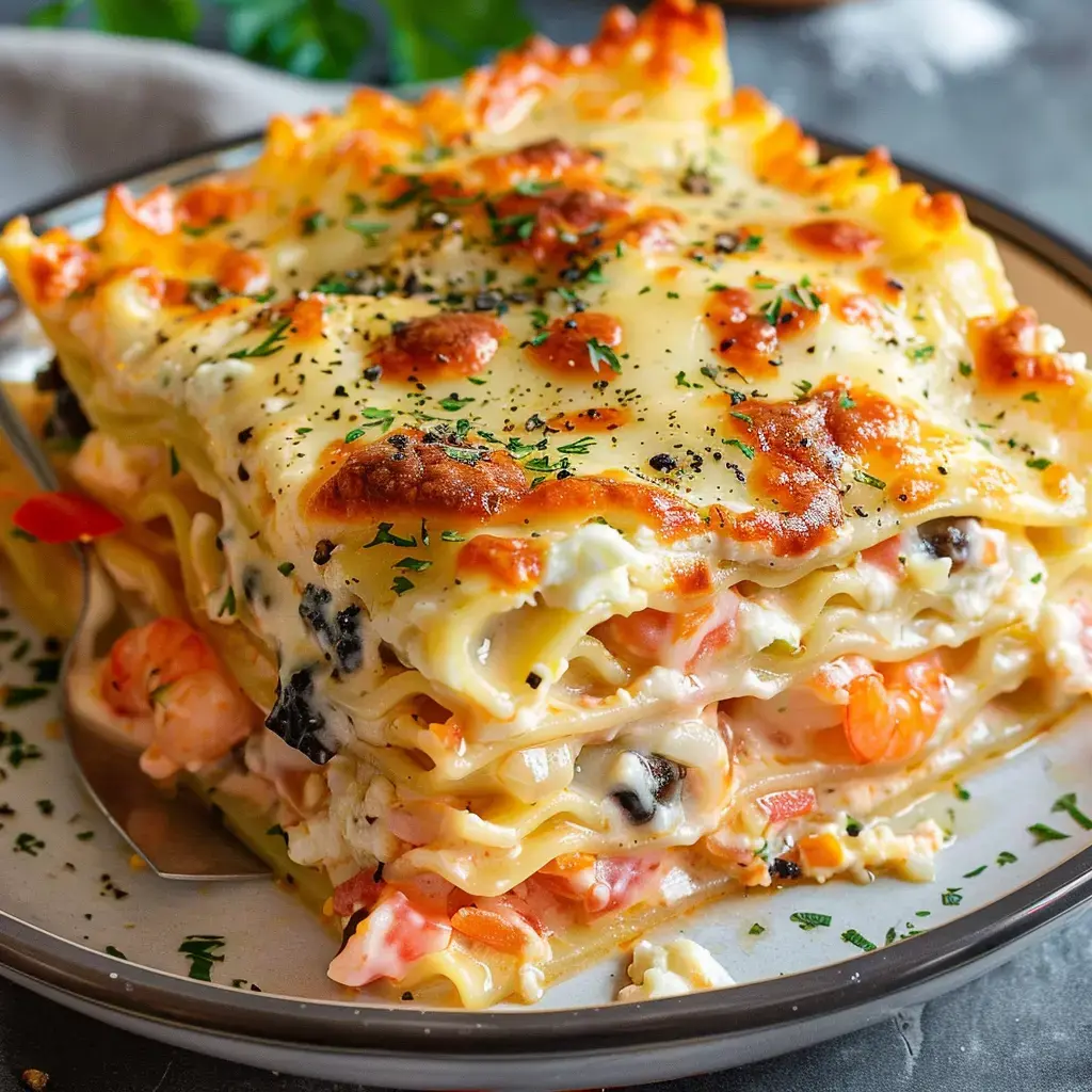 Lasagne mit Garnelen, Käse und Kräutern, auf einem Teller angerichtet.