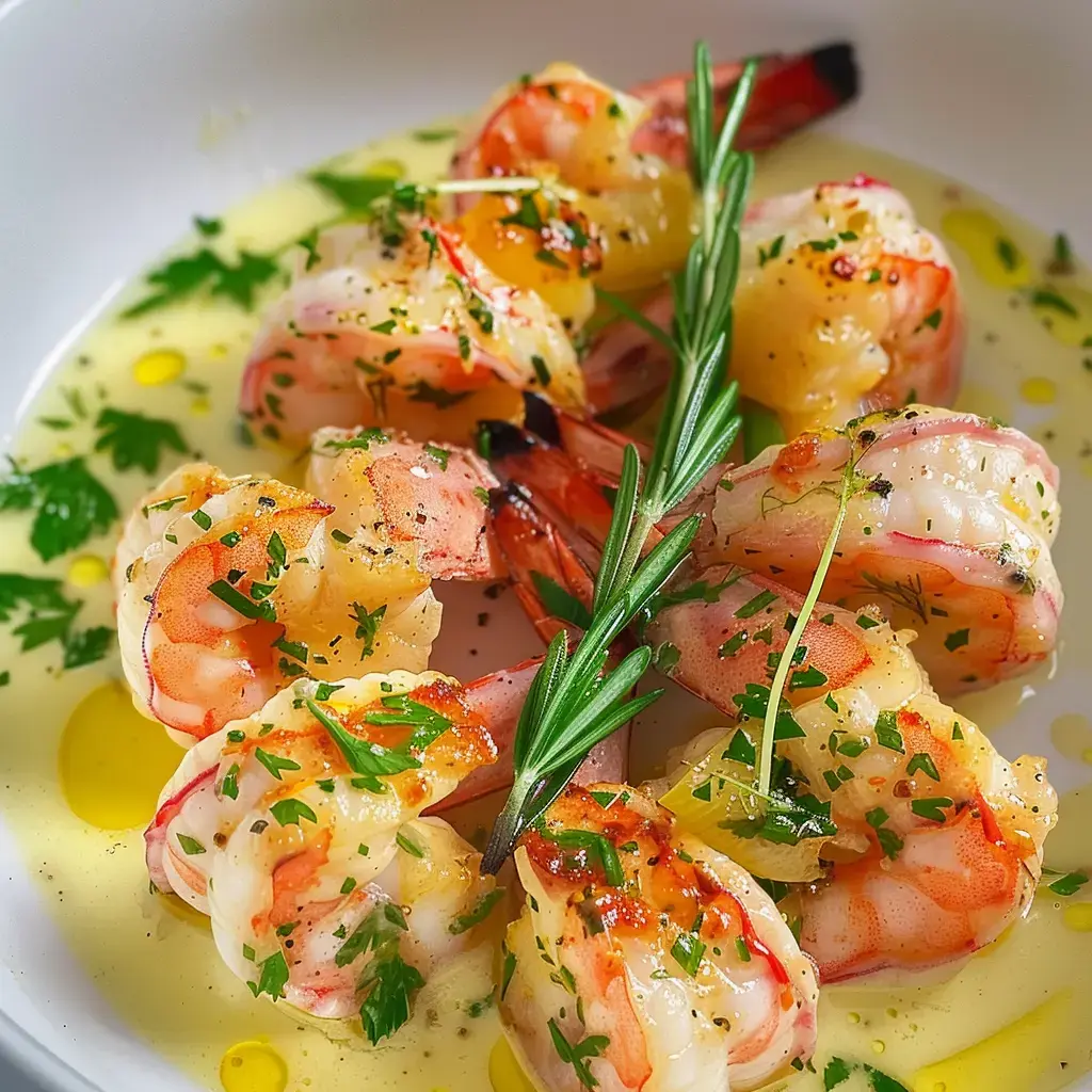 Gegrillte Garnelen mit Kräutern garniert, in Olivenölsauce serviert.