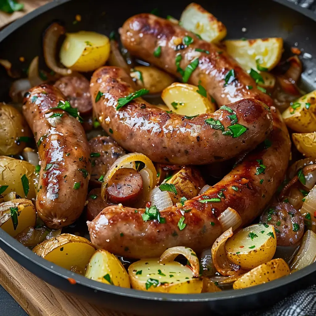Eine Pfanne mit goldbraunen Würsten, Kartoffeln und Zwiebeln, garniert mit frischer Petersilie.