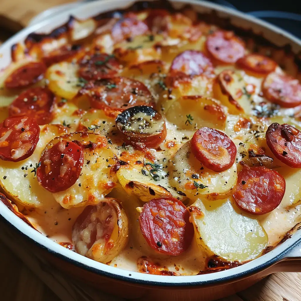 Eine Auflaufform mit überbackenen Kartoffeln, Chorizo-Scheiben und Käse, goldbraun und mit Kräutern verfeinert.
