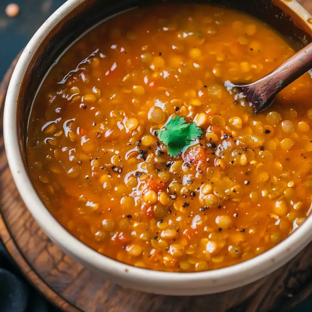 Eine dampfende Schale Linsensuppe garniert mit frischem Koriander und Gewürzen.