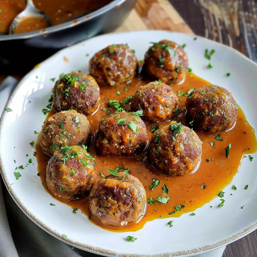 Gemüsebällchen in brauner Sauce, mit Petersilie garniert, auf einem weißen Teller serviert.