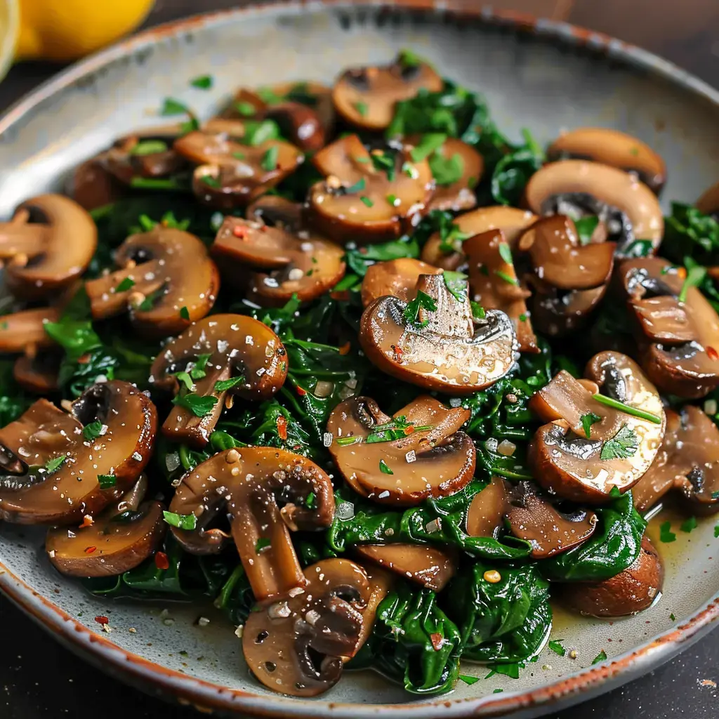 Gebratene Champignons auf einem Bett aus Spinat, garniert mit Petersilie und Meersalz