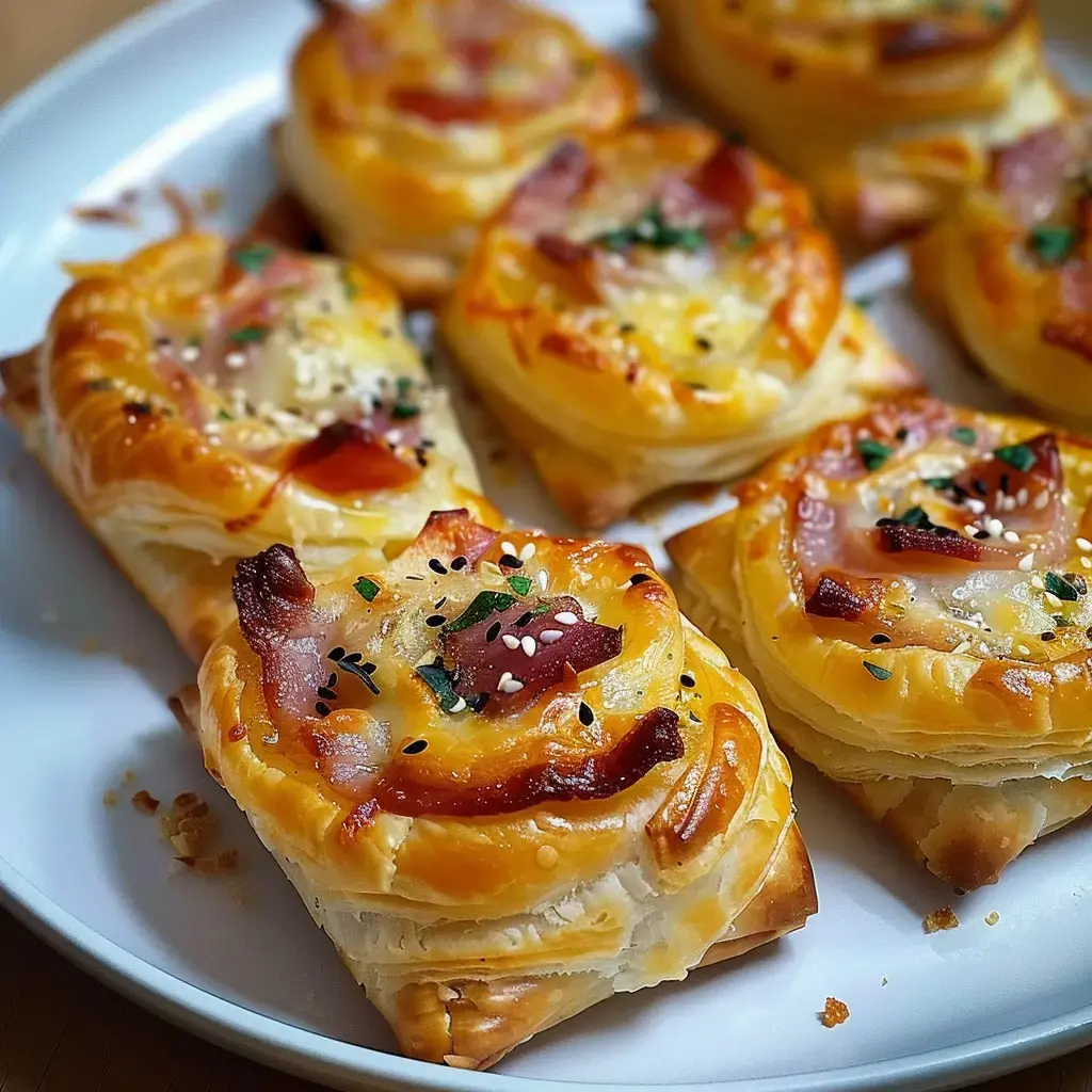 Goldbraune Blätterteigröllchen gefüllt mit Käse, Schinken und Kräutern, angerichtet auf einem weißen Teller.