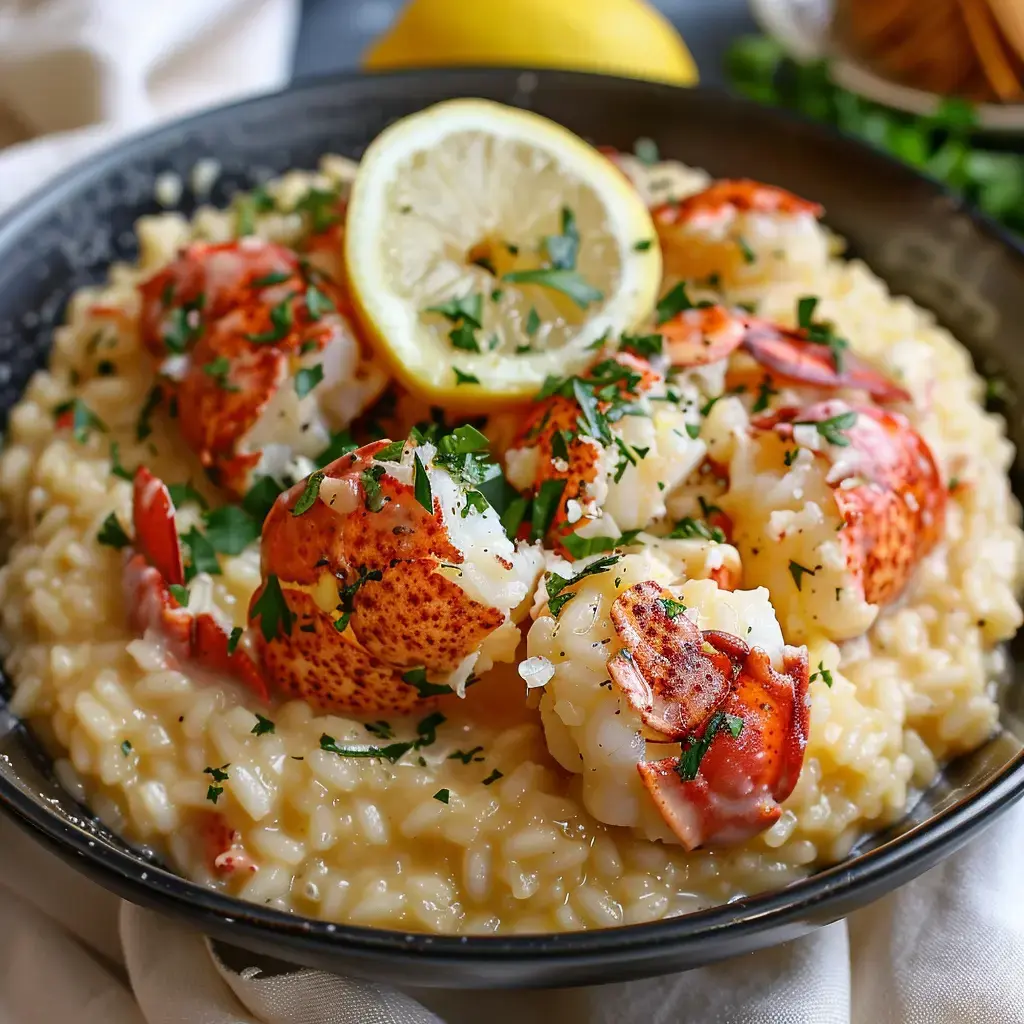 Ein Teller cremiges Risotto garniert mit Hummerstücken und Zitronenschnitzen, dekoriert mit frischer Petersilie.