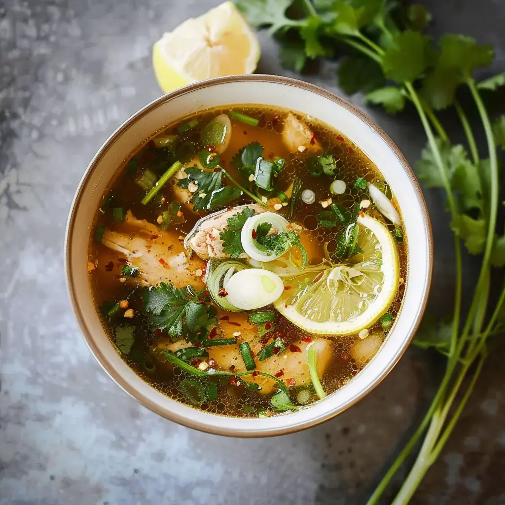 Eine dampfende Schale aromatische Suppe mit Hähnchenstreifen, frischen Kräutern, Zitronenscheiben und Gemüse.