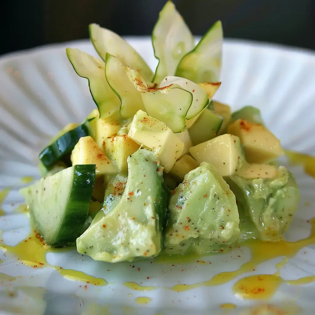 Ein bunter Salat aus Avocadostücken, Gurke und Käsewürfeln, mit Olivenöl und Paprika gewürzt.