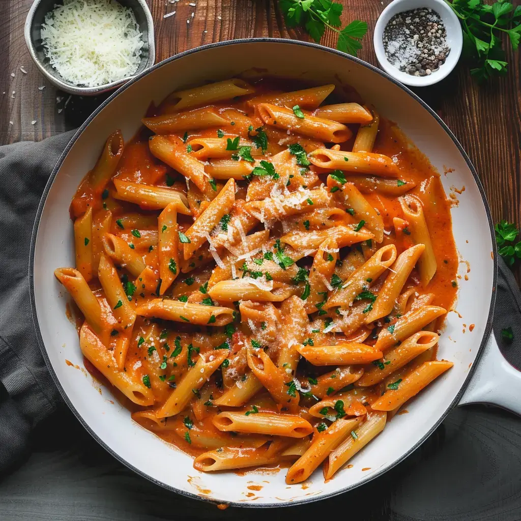 Ein Teller Penne-Nudeln in cremiger Tomatensauce, garniert mit Parmesan und frischer Petersilie.