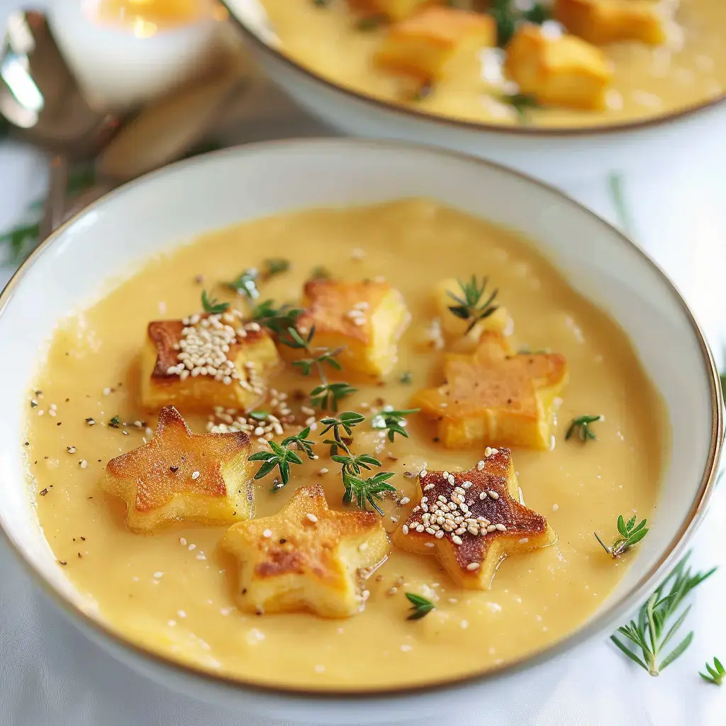 Eine samtige Cremesuppe mit knusprigen Sternen aus Teig, garniert mit Thymian und Sesamsamen.