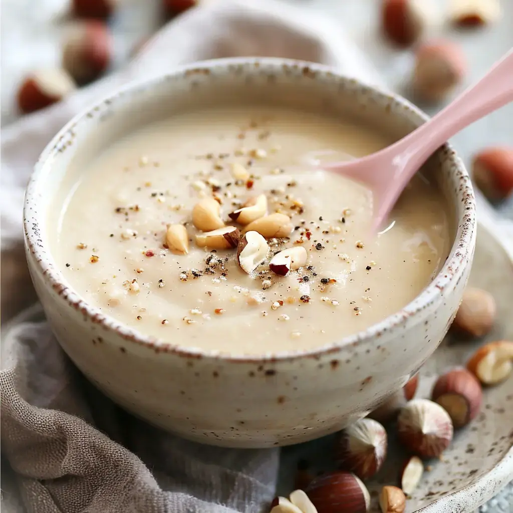 Eine Schüssel Nusscremesuppe, garniert mit gehackten Nüssen und Kernen, dazu ein rosa Löffel