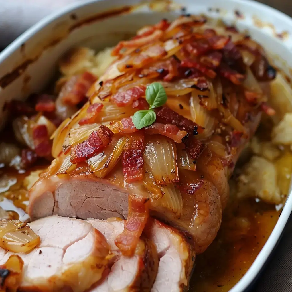 Ein aufgeschnittener Schweinebraten mit Zwiebeln und Speckstücken wird in einer Schüssel mit Soße serviert.